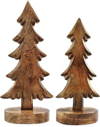 Vishva Handicraft Wooden Christmas Trees; Tabletop Handmade Mango Wood Trees with Rectangular Base Decorative Showpiece  -  29 cm