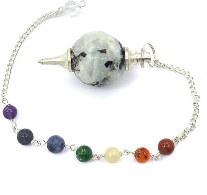 Crystalway Rainbow Moonstone Healing Round Crystal Pendulum Dowsing with 7 Chakra Chain Decorative Showpiece  -  4 cm