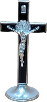 Divine Creations St Benedict Cross with Stand for Altar, Car, Study Table, Office Desk Decorative Showpiece  -  10 cm