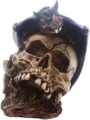 BNF Human Skull Statue Skeleton Head Figurine Halloween Decor Bat Decorative Showpiece  -  12 cm