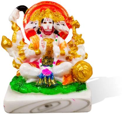 Airtick Regular Size Panchmukhi Hanuman Bajrang Bali Ashirwad Face Idol Sitting Murti Decorative Showpiece  -  9.5 cm