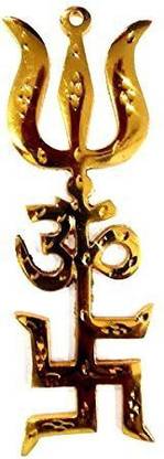 jangra Metal Om Swastik Copper Trishul Wall Hanging Vastu Trishakti Yantra Religious Decorative Showpiece  -  21 cm