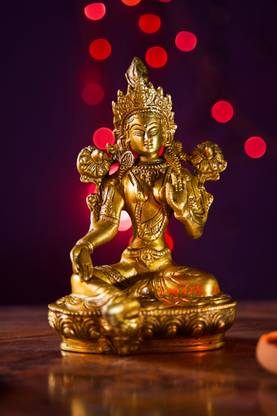 NATHAM Authentic Brass Tara Devi Statue with Detailed Hand Engraving Decorative Showpiece  -  20 cm