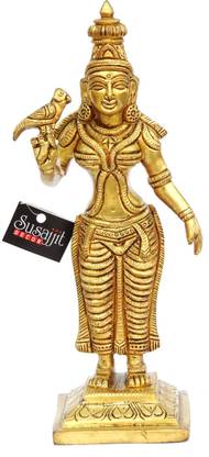 SUSAJJIT DECOR Madurai Meenakshi Amman Idol Brass Statue of Goddess Parvati with Parrot in Hand Decorative Showpiece  -  25 cm