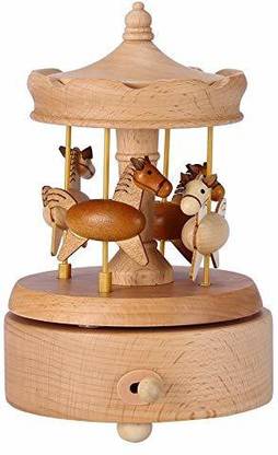 Fdit Clockwork Mechanism Carousel Wooden Music Box Wooden Merry Go Round Horse Decorative Showpiece  -  14.1 cm