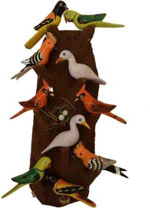Larkya Wooden Colorful Birds On Tree Branch with Eggs in the Nest Decorative Showpiece  -  41 cm