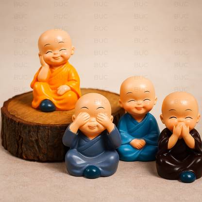 BUC Monk Buddha Statue Set Of 4, Home Office Car Dashboard, Little Baby Monk Buddha Decorative Showpiece  -  6 cm