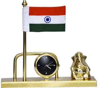 Saugat Traders Indian Flag with Clock and Ganesha Idol - Indian Flag for Car Dashboard, Table Decorative Showpiece  -  13 cm