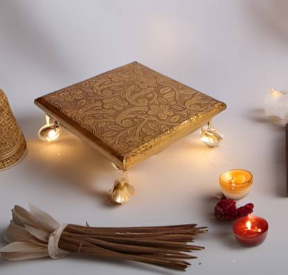 Purpledip Wooden Platform Chowki With Embossed Brass Sheet: Plinth Aasan For Statues Small Decorative Showpiece  -  13 cm