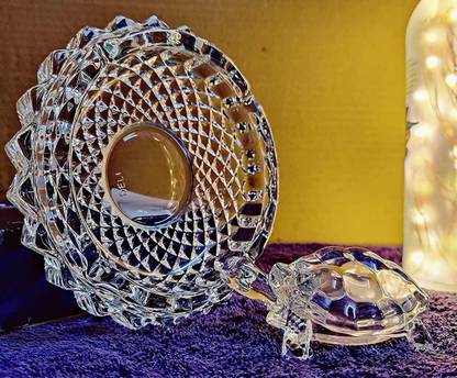 MIR Crystal Glass Vastu and Feng Shui Turtle/Tortoise with Leaf Plate for Good Luck and Wealth Creation Decorative Showpiece  -  5 cm