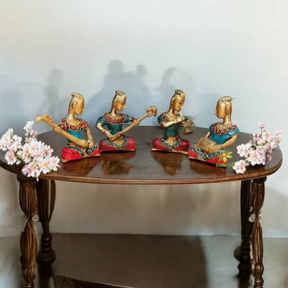 aakrati Set of Four Musicians Brass Statue in coral stone work Decorative Showpiece  -  10 cm