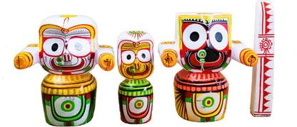 Crafty Wooden idol of lord jagannath bala bhadra subhadra for home temple size 8 inch Decorative Showpiece  -  20 cm