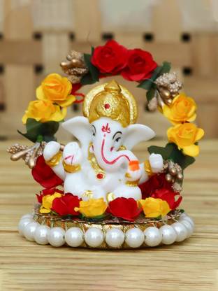 eCraftIndia Lord Ganesha Idol on Decorative Handcrafted Plate for Home and Car Decorative Showpiece  -  9 cm