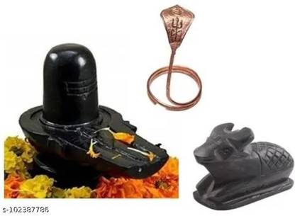 BUY N RELAX Marble Shivling and Nandi idol 6cm with Copper Naag for pooja Decorative Showpiece  -  6 cm