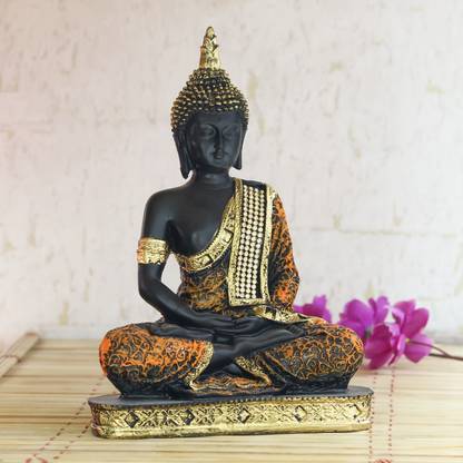eCraftIndia Golden, Orange, And Black Polyresin Meditating Lord Buddha Statue Decorative Showpiece  -  25.4 cm