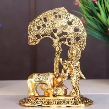 SOTNIX Kamdhenu Cow with Krishna Standing Under Tree Decorative Showpiece  -  17 cm