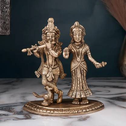 jy Radha Krishna God Idol | Brass | Yellow Colour - 17 cm Decorative Showpiece  -  17 cm