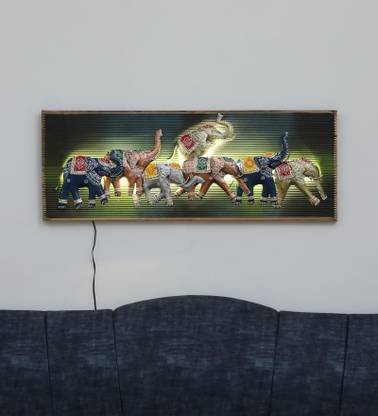 LOH Collectibles 7 Elephants Copper Iron Wall Art With LED Decorative Showpiece  -  41 cm