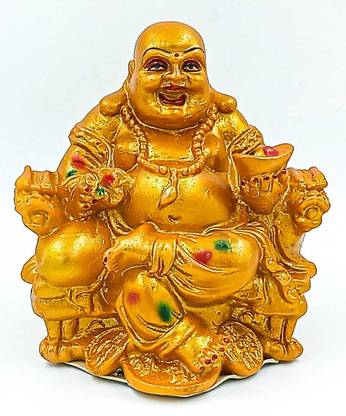 ATUT Laughing Buddha for Money, Business and Well wishesh in Gold Colour Decorative Showpiece  -  15 cm