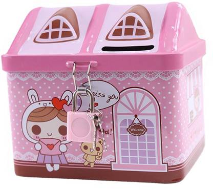 Lyla Coin Bank Cartoon Small Cash Box with Key Lock for Desktop Living Room Shelf pin Decorative Showpiece  -  10 cm
