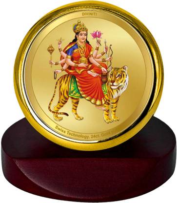 DIVINITI 24K Gold Plated Chandraghanta Mata Photo Frame For Car Dashboard, Home Décor Decorative Showpiece  -  7 cm