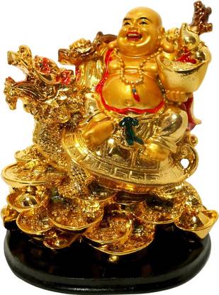Vastu Art Vastu, Feng Shui, Laughing Buddha Sitting On Dragon Tortoise For Happiness, Wealth & Goodluck  Decorative Showpiece  -  13 cm