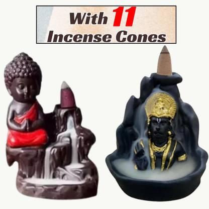 MurtiMall Handcrafted Backflow Hanuman and Buddha Idol for Home with 11 Incense Cones Decorative Showpiece  -  12 cm