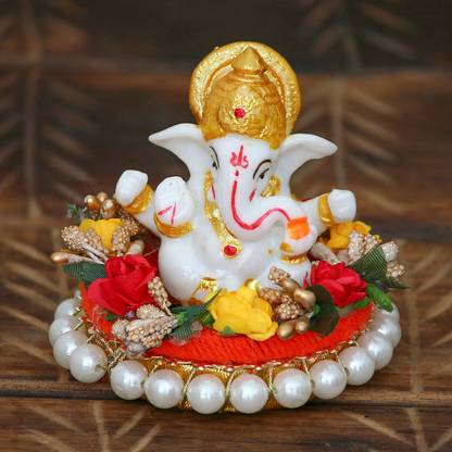 eCraftIndia Lord Ganesha Idol on Decorative Handcrafted Plate for Home and Car Decorative Showpiece - 8 cm