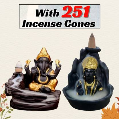 MurtiMall Handcrafted Ganesha and Hanuman Idols Combo Pack with 251 Incense Cones Decorative Showpiece  -  12 cm