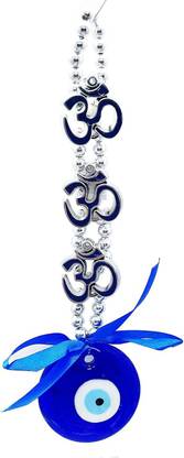 Saanwara Creations Three OM Evil Eye Wall Hanging Made By Glass And Matels In Blue Color for Good Luck Prosperity Success Health Wealth Office Home Decor & Car(Length 9 Inches) Decorative Showpiece  -  23 cm