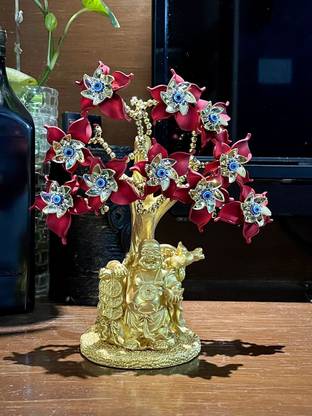 Lenity Red Flower with Laughing Buddha Tree Lucky Tree Statue Money Tree Showpiece Decorative Showpiece  -  20 cm