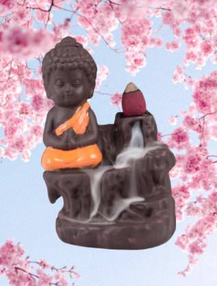 BZILO Smoke ORANGE Buddha Idol Fountain with 10 Smoke Backflow Cones for Home M104 Decorative Showpiece  -  2 cm