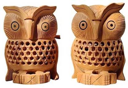 Khamma Ghanni Handicrafts Woode 4 INCH owl Set of 2 II Ullu is Made with Finished Netted Design Decorative Showpiece  -  10 cm