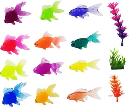 Bitona 12 Piece Plastic Fish Figures and 3 Small Plants kit for Decoration Purpose only
