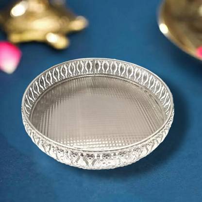 BRASS BLESSING Traditional Multipurpose German Silver Serving Tray | 10 Inches (1411) Decorative Showpiece  -  4 cm