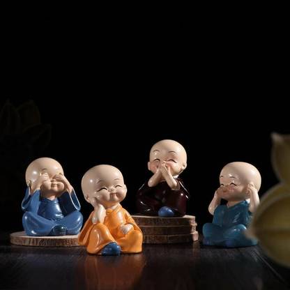 waheguru Polyresin Buddha Monk Car Dashboard Showpiece, Standard, Multicolor, 4 Piece Decorative Showpiece  -  5 cm