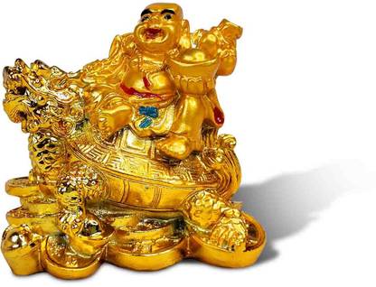 Airtick Fengshui Laughing Buddha Sitting on Dragon for Money & Health & Good Luck Decorative Showpiece  -  7.5 cm