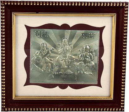 Siri Creations 999 Pure Silver Lakshmi ganesha sarawathi Wooden Frame size 2 Decorative Showpiece - 13.5 cm