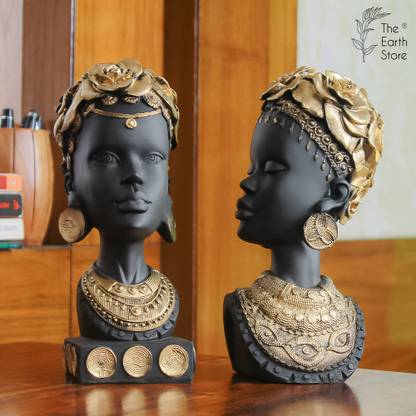The Earth Store 2 African Woman Head Statue Decorative Showpiece  -  25 cm