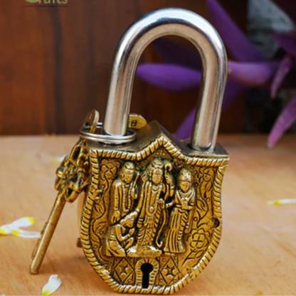 mark india Ram Darbar Brass Lock, Handmade Antique Design, Style & Security with 2 Keys Decorative Showpiece  -  11 cm