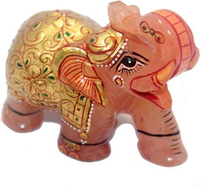 PH Artistic Elephant Figurine Natural Pink Rose Quartz Stone Gold Hand Painted Handmade B390 Decorative Showpiece  -  9.6 cm