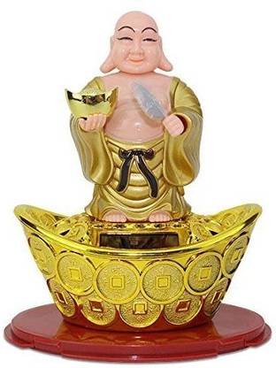 DIVINE PNOTED Solar Laughing Buddha with Waving Fan Decorative Showpiece - 15 cm