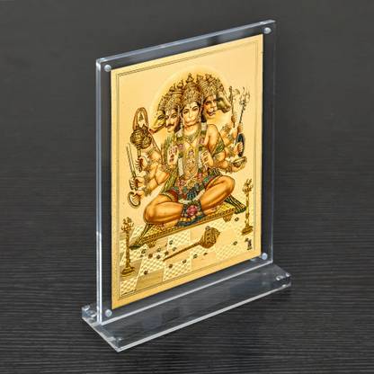HAWAI Transparent Acrylic Frame Pancha Mukhi Hanuman Ji Gold Plated Religious Photo Decorative Showpiece  -  20 cm