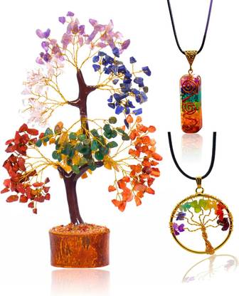 VIBESLE Combo Seven Chakra Tree, Tree of Life Pendant and 7 Chakras Orgone Pendant Decorative Showpiece  -  25 cm
