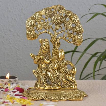 Ansh Trend Radha Krishna Sitting Under Tree Idol Metal Statue Decorative Showpiece  -  12 cm