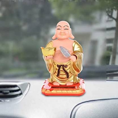 best selling Large Solar Laughing buddha moving head and fan with ingot Decorative Showpiece Decorative Showpiece  -  18 cm