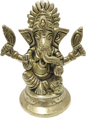 Anjini Brass Ganesha Murti Left Trunk Statue Idol Round Base Smile Face 410 grams Decorative Showpiece  -  9 cm