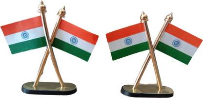 BRASS BLESSING 2 pcs National Emblem Ashok STAMBH Chakra with Flag Home Office Desk (2432-2) Rectangle Outdoor Flag