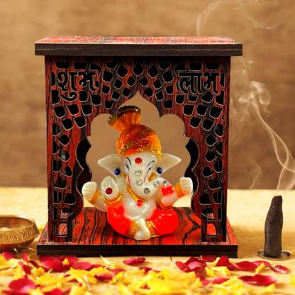 Phirki Studio Lord Ganesha Idol With Wooden ShubhLabh Temple for Home Decor, Car Dashboard Decorative Showpiece  -  10 cm