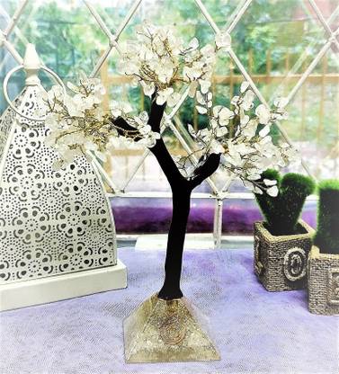 URBANE CHIC Clear Quartz Crystal Money Tree Golden 300 Beads White Orgonite Pyramid Base Decorative Showpiece  -  25 cm